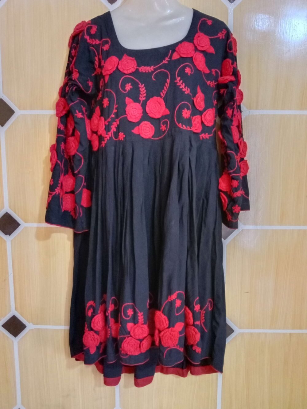 black solid chikankari chunat frock with flower