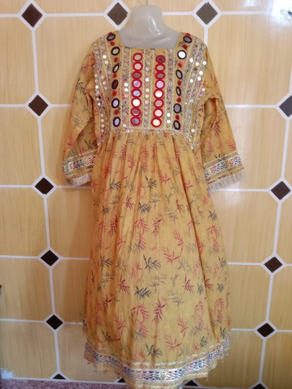 Mirror chikankari chunat printed frock yellow