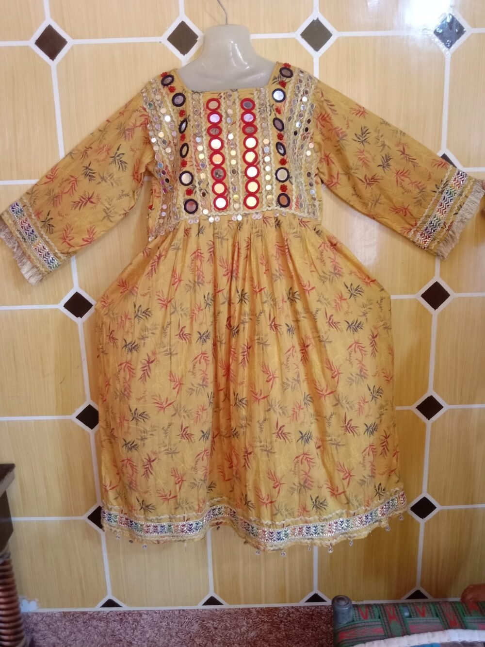 Mirror chikankari chunat printed frock yellow with kinari work